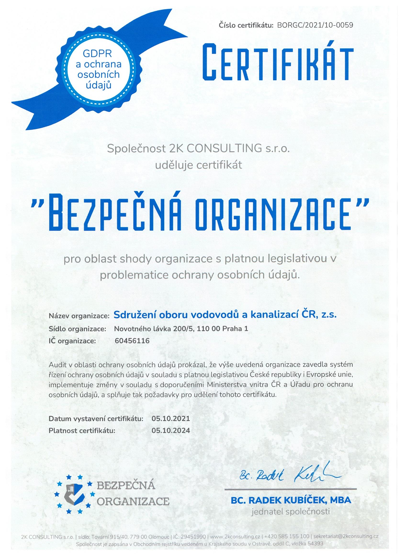 Certifikát Bezpečná organizace pro SOVAK ČR