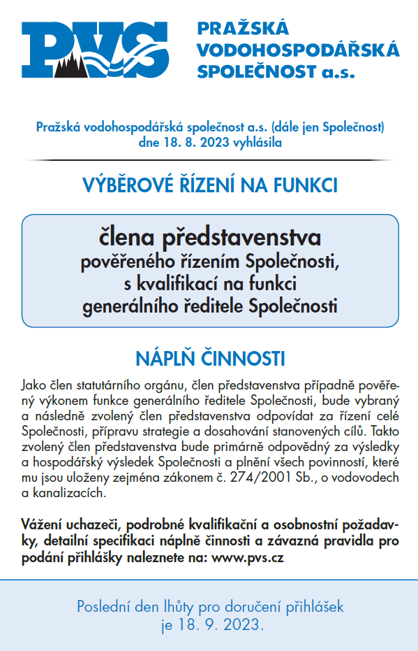 Pražská vodohospodářská společnost a.s. vyhlásila výběrové řízení