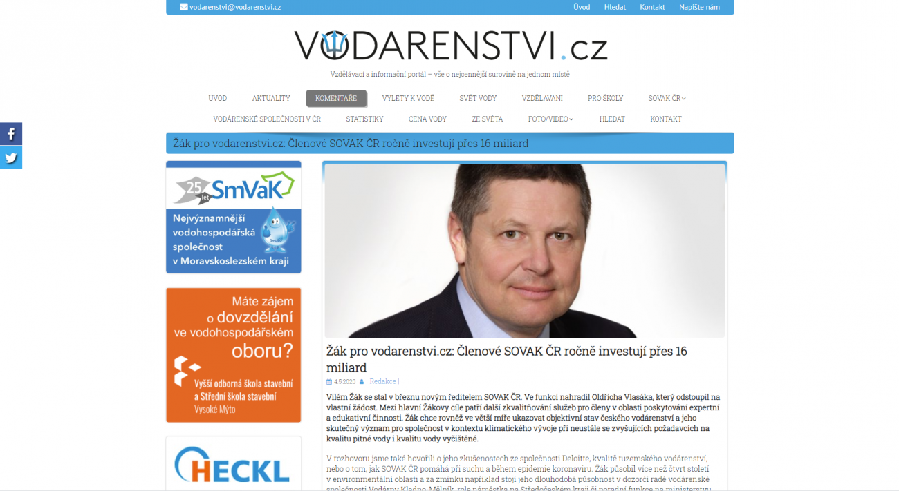 Rozhovor s Ing. Vilémem Žákem, ředitelem SOVAK ČR, na portálu Vodárenstvi.cz Rozhovor s Ing. Vilémem Žákem, ředitelem SOVAK ČR, na portálu Vodárenstvi.cz