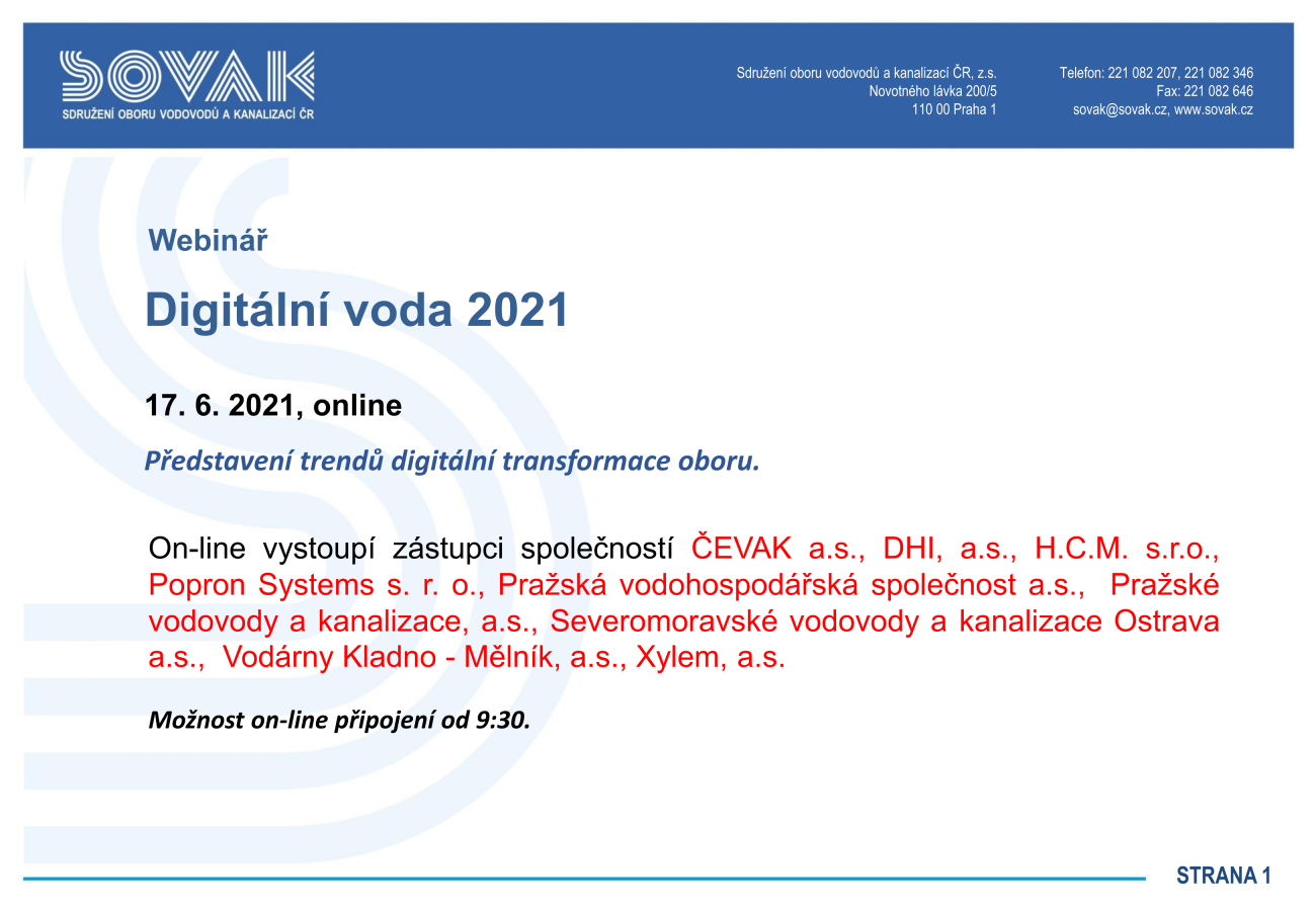 Úvodní slider webináře SOVAK ČR Digitální voda