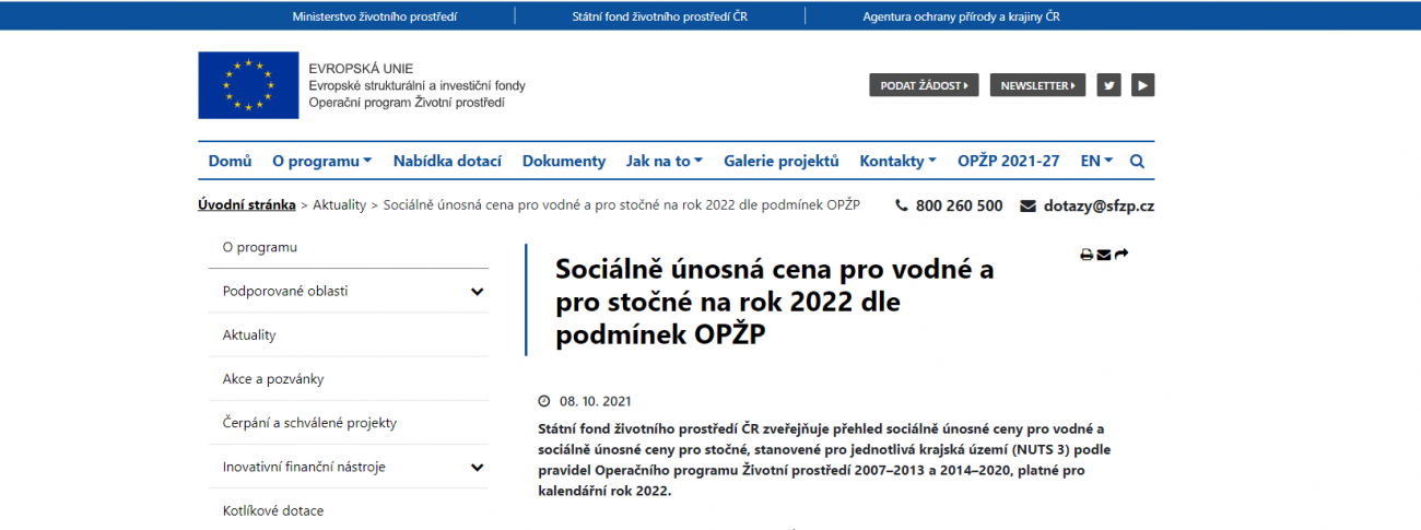 Webové okno Státního fondu životního prostředí ČR