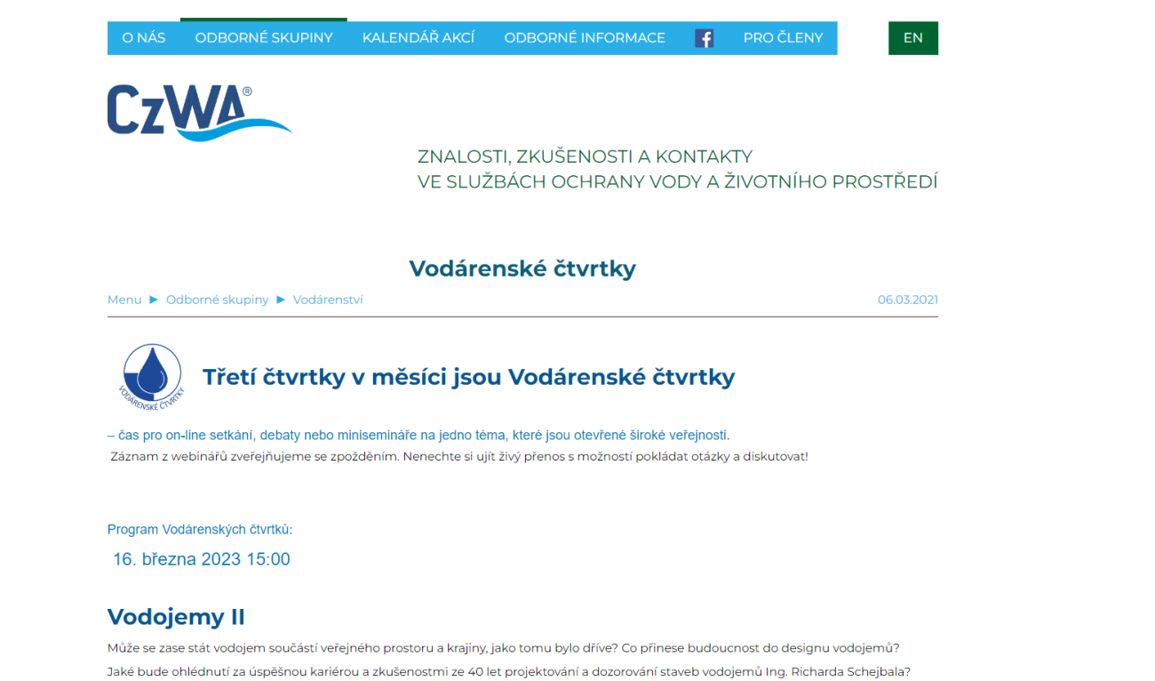 Webové okno CzWA – Vodárenské čtvrtky Webové okno CzWA – Vodárenské čtvrtky