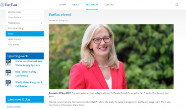 Webové stránky EurEau – prezidentka EurEau Claudia Castell-Exner 